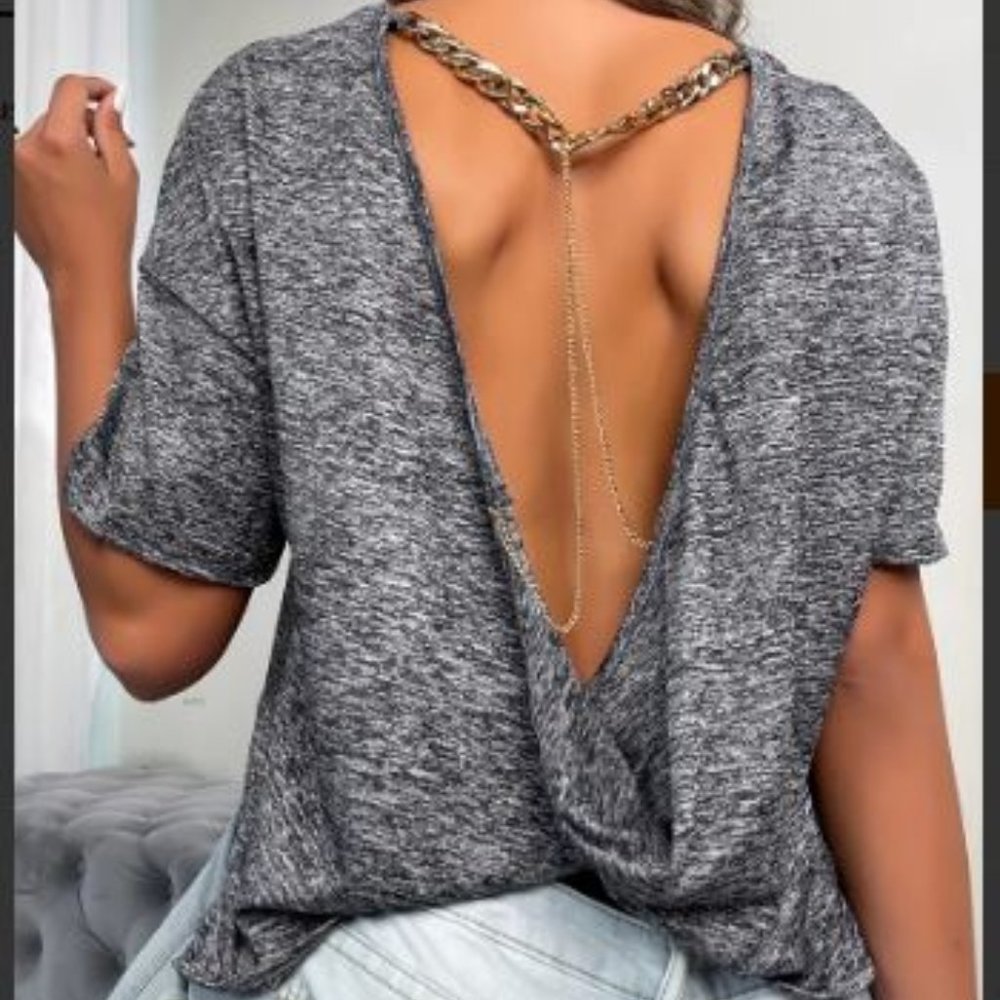 Sexy Backless Chain Crew Neck T-shirt